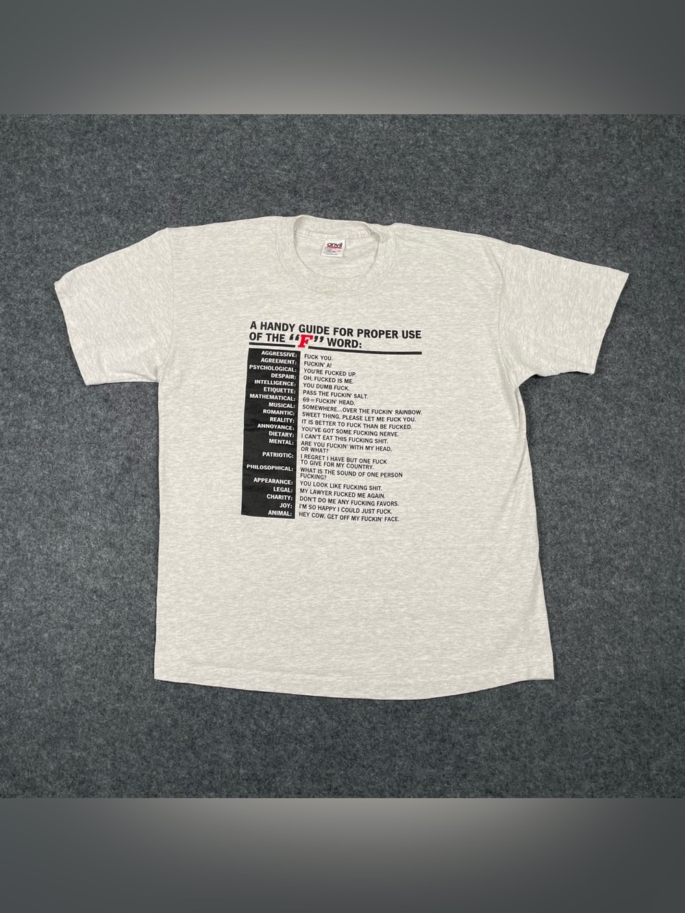 Vintage F Word Funny Cursing Explicit 90s T-Shirt Adult XL Gray Single Stitch